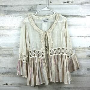 Barok Paris Anthropologie Womens S/M Cream Boho Lace Tie Front blouse NWT